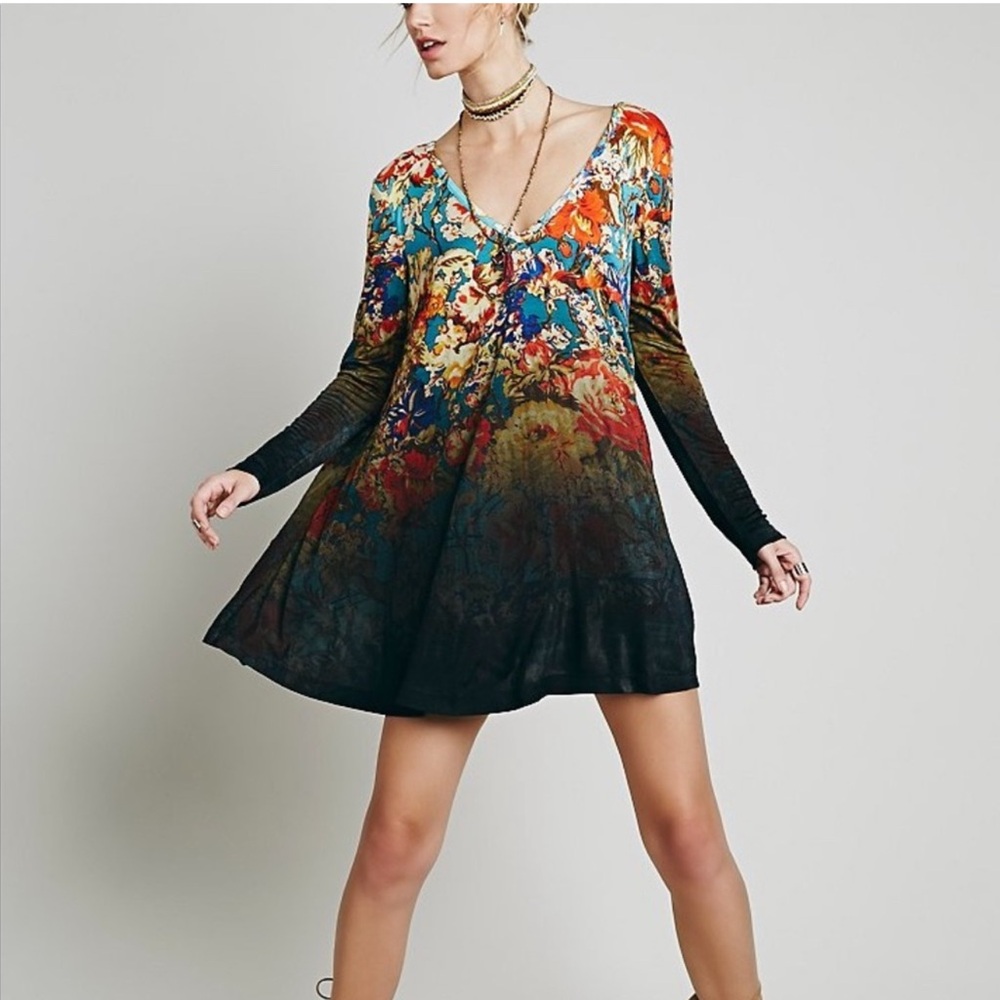 Free People XS Annette Floral Tunic Mini Dress Boho Ombre Flowy Rayon Stretch